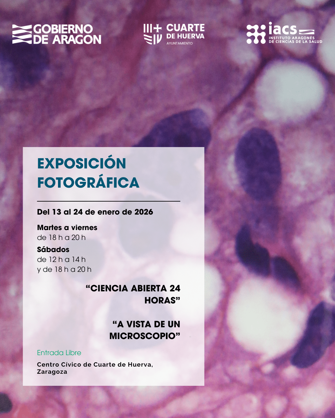 Cartel Exposición fotográfica Ciencia abierta 24 horas y A vista de un microscopio, del 13 al 14 de enero de 2026 en Cuarte de Huerva (centro cívico)